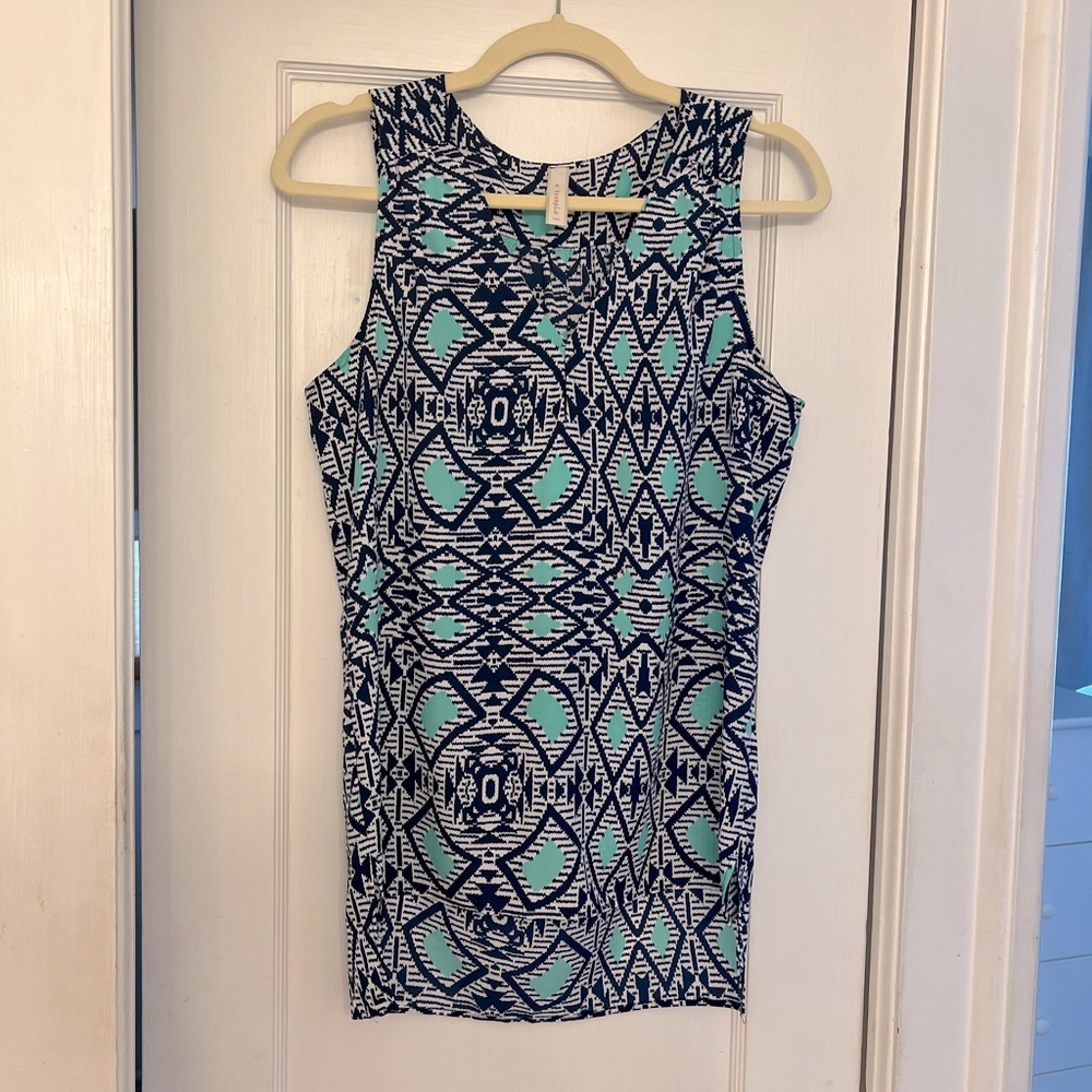 Navy, white, aqua geometric pattern tank top